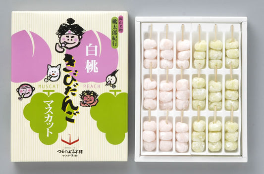 white peach flavour and muscat grape flavour japanese dango rice cakes in a skewer, one skewer has 3 pieces of rice cake balls. comes in 18 skewer set and 30 skewers set