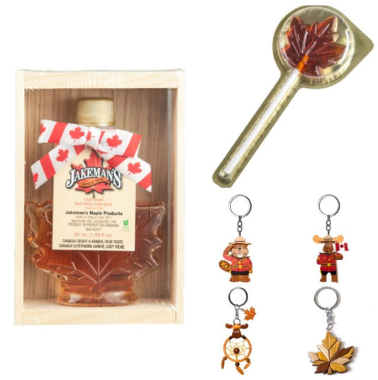 Maple Leaf Glass Bottle Grade A Maple Syrup Gift Set (500ml) w/ One Keychain and One Maple Lollipop