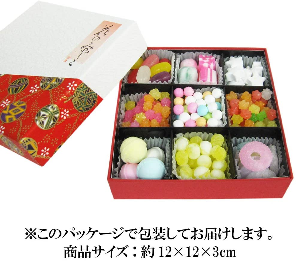 This assortment of Japanese sweets is packaged in an elegant Kyoto-style box featuring a traditional and graceful design.