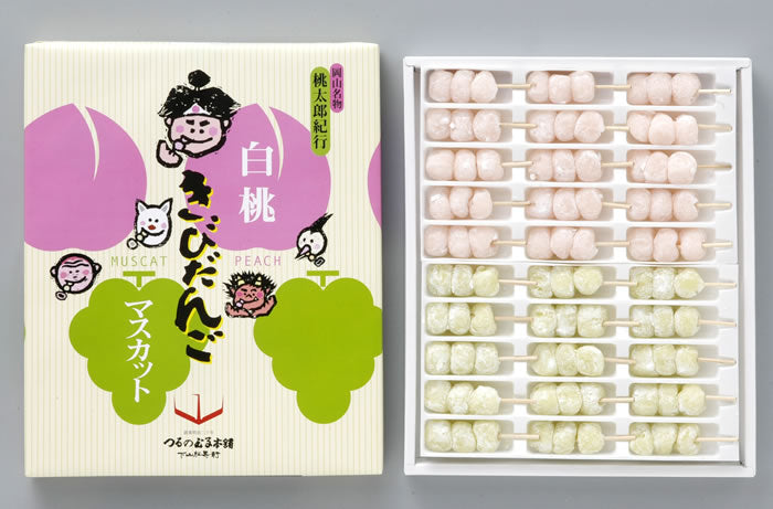 white peach flavour and muscat grape flavour japanese dango rice cakes in a skewer, one skewer has 3 pieces of rice cake balls. comes in 18 skewer set and 30 skewers set